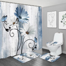 Set de 4 perdele de duș rustice cu flori albastre, impermeabile, cu model floral de margarete albastre, set de accesorii pentru decor de duș pentru
