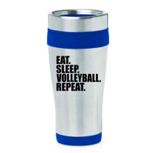 Cană de călătorie din oțel inoxidabil izolată, 473 ml, cu mesajul „Eat Sleep Volleyball Repeat” (albastru)
