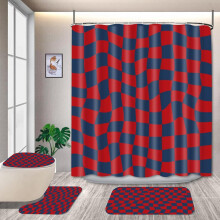 Set di tende da doccia a quadri blu navy e rossi, impermeabili, con motivo retrò a quadri ondulati e tappeti da bagno, decorazioni per il bagno, 4