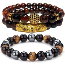 Pulseira de Olho de Tigre 8mm com 3 Peças, Ônix Preto Fosco, Contas de Pedra Natural, Pulseira Elástica para Yoga, Conjunto de Pulseiras de Pedra