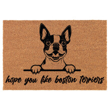 Felpudo de bienvenida de fibra de coco. Regalo: Espero que te gusten los Boston Terriers. Boston Terrier asomándose (61 x 41 cm)