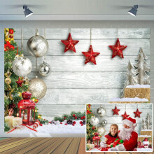 Op maat gemaakte kerstachtergrond van 3 x 2,4 meter voor fotografie, met een witte houten vloer en een winters sneeuwlandschap. Geschikt voor kerst-