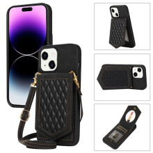 Ag luí le Sliotán Cárta RFID iPhone15Case le Lanyard Dubh