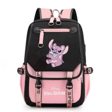 Stitch USB-Lade-Schulrucksack für Jungen und Mädchen, inklusive kostenlosem Kugelanhänger, schwarz-pink, Style3