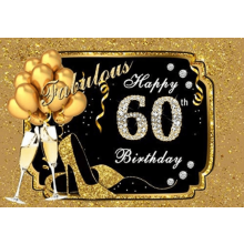 Decoración personalizada para fiesta de 60 cumpleaños: pancarta, fondo negro y dorado con globos.