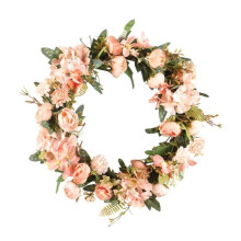 Couronne de pivoines artificielles - Couronne de porte rose de 38 cm avec feuilles vertes - Décoration printanière pour porte d'entrée, mariage,
