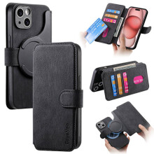 Capa magnética 2 em 1 com compartimento para cartões, proteção RFID antirroubo, compatível com iPhone 15 Plus, preta.