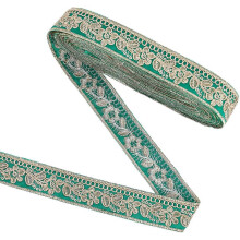 10 Yards (ca. 9,1 m) 30 mm breites, grün-goldenes Vintage-Jacquardband mit floralem Blättermuster, bestickt, gewebt, ethnisch