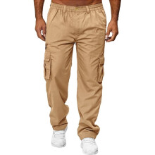 (Khaki, TAG S =EU XS) Robust Men's Cargo Pants with Elastic Waistband, Large Pockets for Casual Outdoor Wear