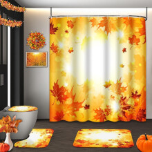 Ensemble de salle de bain Automne Récolte Dorée - 4 pièces : rideau de douche, housse de toilette et tapis, motif feuilles d'érable, citrouille