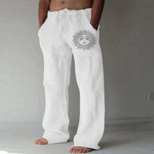(White, DAY M =EU S) Men's summer fabric trousers loose drawstring breathable leisure fitness jogging trousers