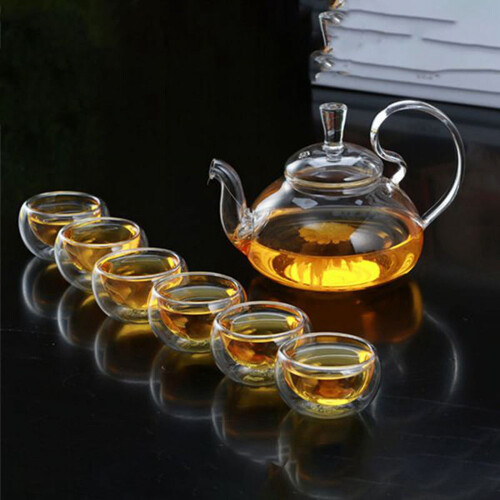 Bule de vidro para chá com alça alta, capacidade de 650ml, com design floral e infusor. 1