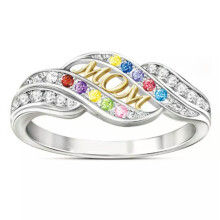 Bague RSAMD Femme MOM en forme de cœur avec strass et cristal - Bijou cadeau Fête des Mères - 8 couleurs