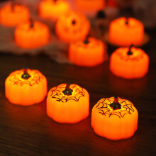 Conjunto de 3 velas de LED em formato de abóbora para o Halloween, luz branca quente piscante, alimentadas por bateria, design de teia de aranha,