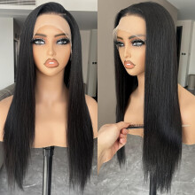 Perruque synthétique EALGA13x4 avec lace front, 66 cm de long, lisse, noire 1B, pré-épilée, sans colle et prête à porter - Convient aux femmes
