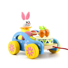 Houten speelgoedauto met terugtrekmechanisme voor baby's om mee te leren lopen, speelgoedauto met cartoon dierensimulatie.
