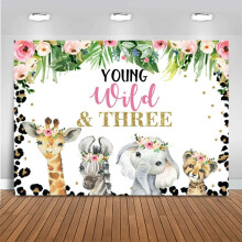 Fundal personalizat de 7x5ft cu imprimeu floral roz cu leopard, compatibil cu tema Young Wild & Free, decor pentru petrecerea de a 3-a aniversare,