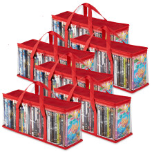 DVD storage bags set of 6 red clear with handles and zipper