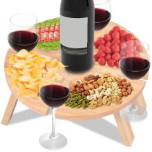 Foldable Wooden Picnic Wine Table with 4 Glass Holders & 5
