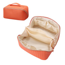 Nécessaire de viagem de grande capacidade, organizador de maquiagem portátil em couro PU impermeável - Laranja