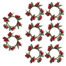 Conjunto de 8 anéis de guardanapo natalinos, mini guirlanda com folhas verdes artificiais e frutinhas vermelhas, suporte rústico para vela, ideal