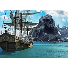 2,1 x 1,5 meter piratenschedel-eiland achtergrond voor Caribische Zee, cruiseschip, oceaanmonsterrots, kinderverjaardags- en Halloweenfeestdecoratie