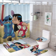 Ensemble de douche familial Stitch 4 pièces avec tapis antidérapants, housse de toilette et tapis de bain, noir imperméable 183 x 183 cm, 12