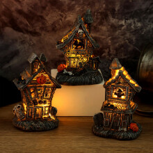 Figura de casa embrujada de Halloween de Ranliy con luces, 3 piezas, 4.3 x 2.8 pulgadas, adorno de interior a pilas para escritorio, chimenea, mesa