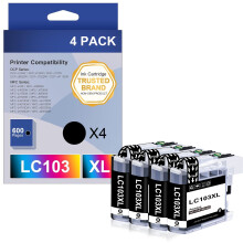 LC101LC103Mustekasetti, yhteensopiva Brother LC101XL DCP-J132W/J152W/J172W/J4110DW/J552DW/J752DW -tulostimien kanssa (4 mustaa)