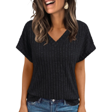 Women Tops Spring Vacation Sweaters Short Sleeve-Black XXL