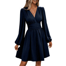 Women's Elegant Dress Wrap V Neck Long Sleeve High-Navy Blue XL