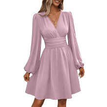 Spring Summer Wrap V Neck Long Sleeve Empire Waist-Pink XXL