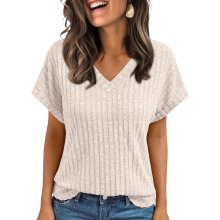 Women Tops Spring Vacation Sweaters Short Sleeve Shirts-Beige L