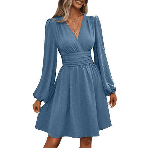 Spring Summer Wrap V Neck Long Sleeve Empire-peacockblue M