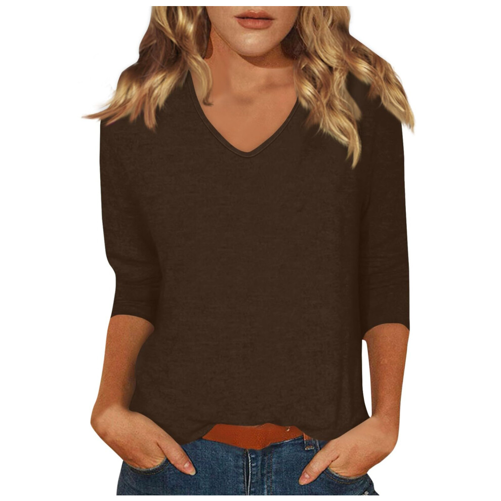 Brown 3/4 Sleeve For Women V Neck Fashion Solid Color Top- Xxl