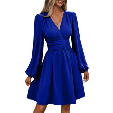 Wrap V Neck Long Sleeve Empire Waist Dress Elegant Mini-Blue S