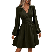 Casual Wrap V Neck Empire Waist Flowys Dresses-Army Green XXL