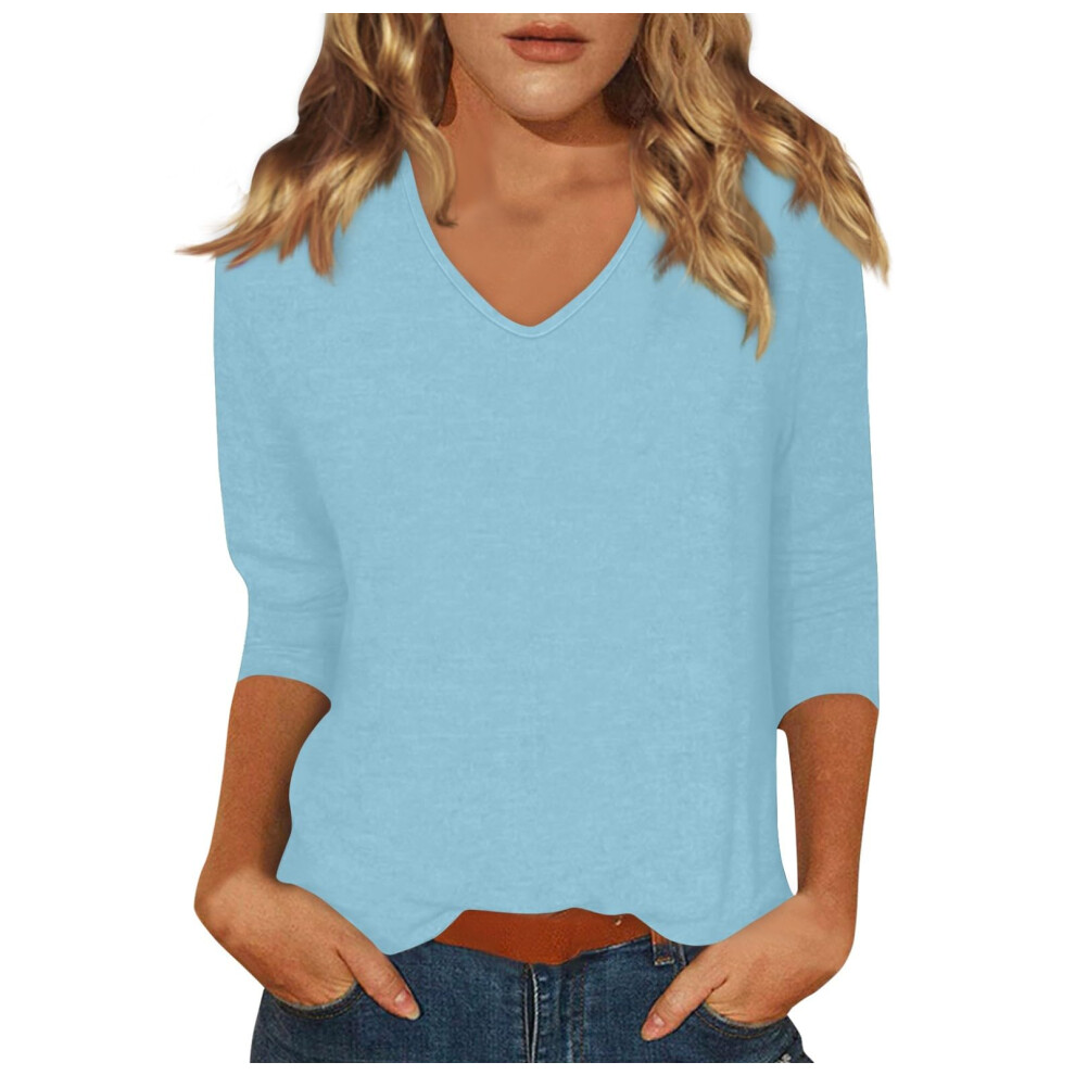 Sky Blue 3/4 Sleeve For Women V Neck Fashion Solid Color- Xxl