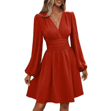Wrap V Neck Empire Waist Dresses Long Sleeve A-Burgundy XXXL