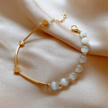 Pulseira de luxo RSAMD com corações em ouro KC e pedra opala, ajustável, joia feminina, presente perfeito.