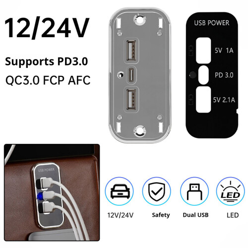 12/24V Car PD3.0 Double USB Panel For Motorcycle Auto Truck ATV 1