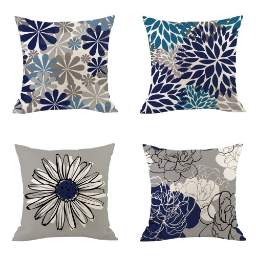 Conjunto de 4 capas de almofada azuis e cinzas, 45x45cm.