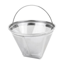 Herbruikbaar koffiefilter in de vorm van een roestvrijstalen kegel.