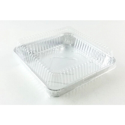 Forma quadrada de alumínio de 20 cm com tampa transparente em formato de cúpula.