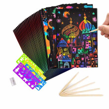 Conjunto de 50 peças de papel para raspar, arco-íris e preto, com 5 canetas de madeira para artesanato, ideal para crianças. Perfeito para