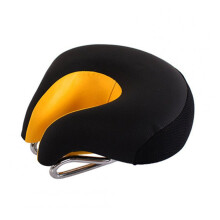Selle de vélo large sans bec, confortable et résistante, coloris noir et orange, taille moyenne.