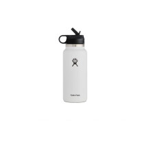 (White) Hydro Flask Stainless Steel Wide Mouth Water Bottle with Flex Straw Lid and Double-Wall Vacuum Insulation