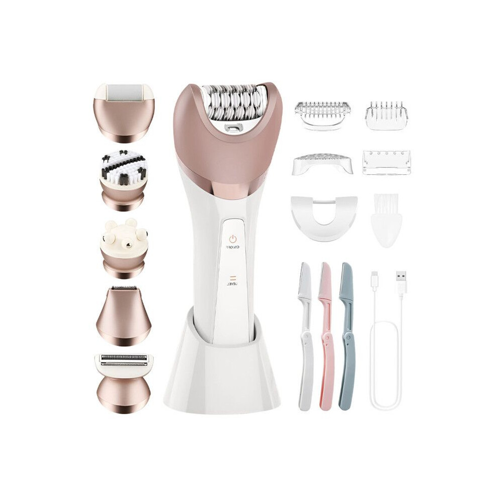 6 in 1 Womenâs Electric Epilator Cordless Wet and Dry Shaver with 2 Speeds, Exfoliation, Cleaning and Massage Heads