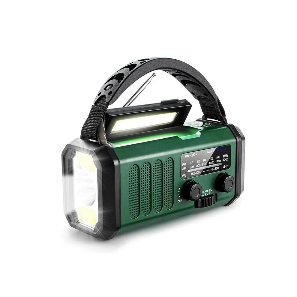 Portable Outdoor Radio, Am/Fm, Hand Crank, Solar And Usb Rechargeable, 10000Mah Power Bank, Built-In Lamp, Dark/Green 6083684373060