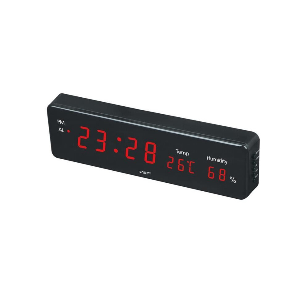 Digital Wall Clock With Alarm, Led Display, Thermometer And Hygrometer, Battery Powe, Red
